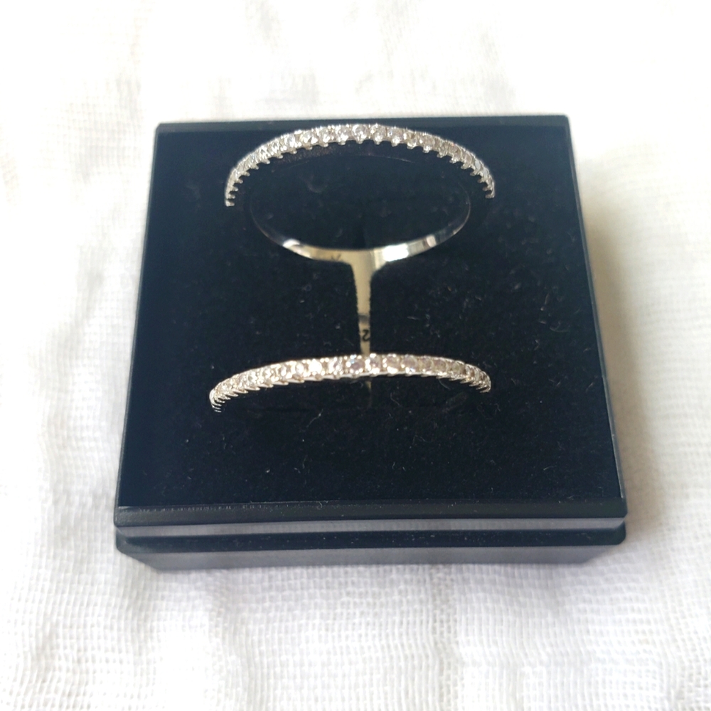 Sterling Silver Diamond Encrusted Ring Double Ring Joined At Bottom NWOT